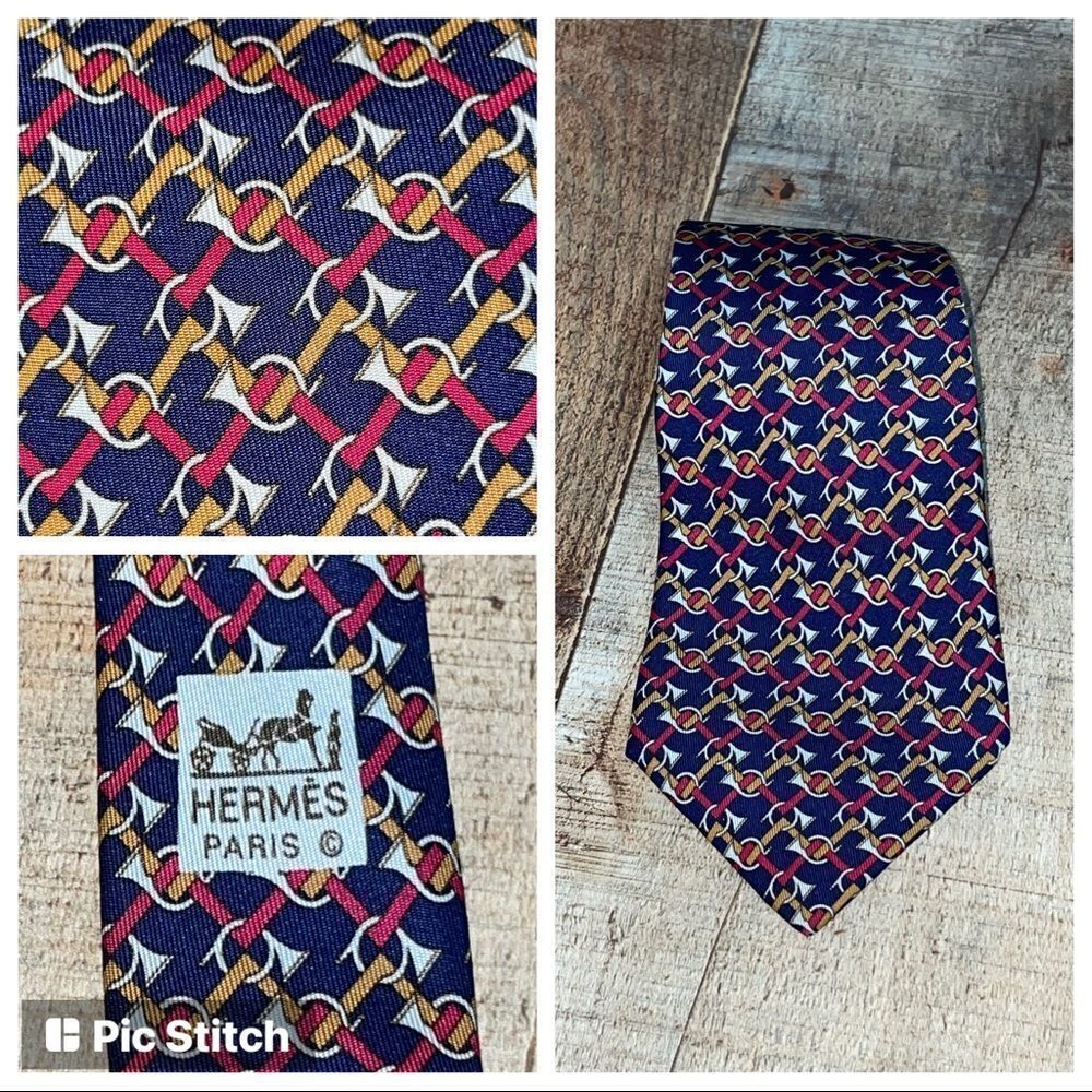 HERMES Silk Tie Red Blue French Horn Print Musical Instrument Patriotic Cool.